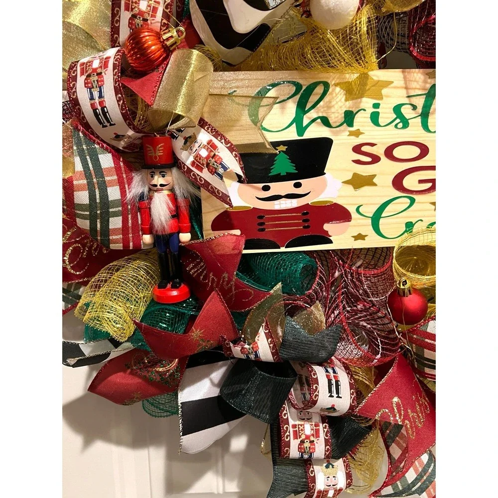 Christmas Nutcracker Holiday Ribbon Door Wreath Handmade 22 ins LED W4